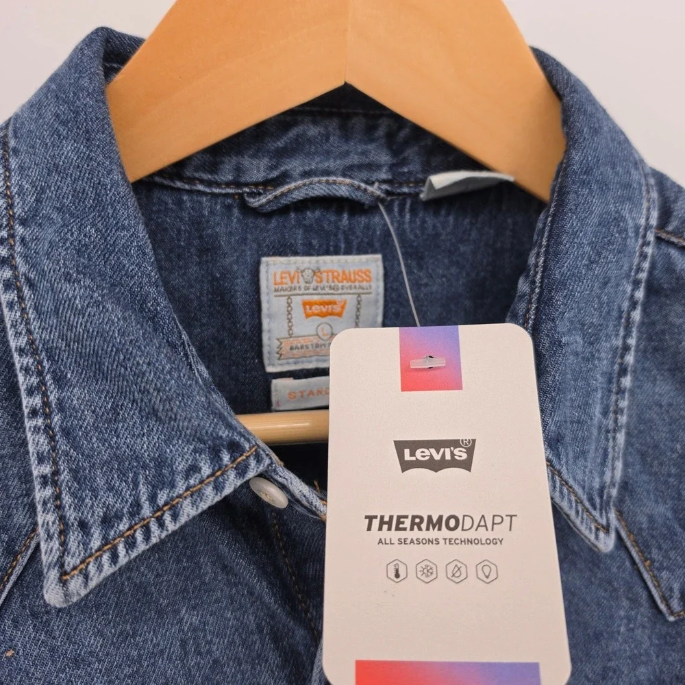Levis Barstow Western Denim Shirt Mens Large Dark Wash Pearl Snap Thermoadapt